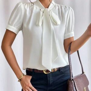 SHEIN White Puff Sleeve Tie Front Blouse - NEVER WORN